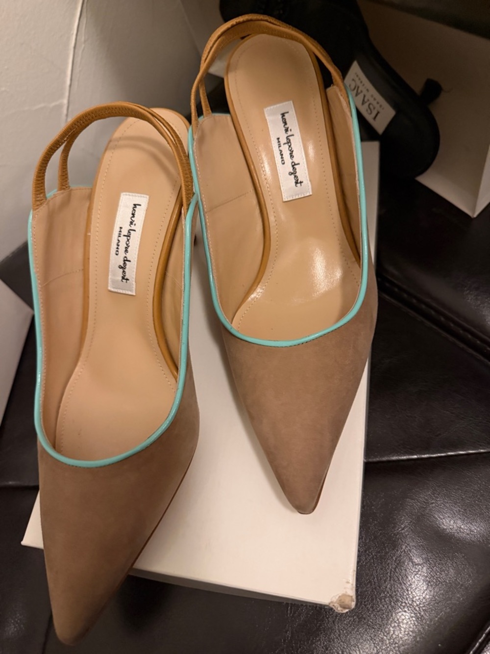 Tan Suede Pointed Slingback Pumps with Mint Trim